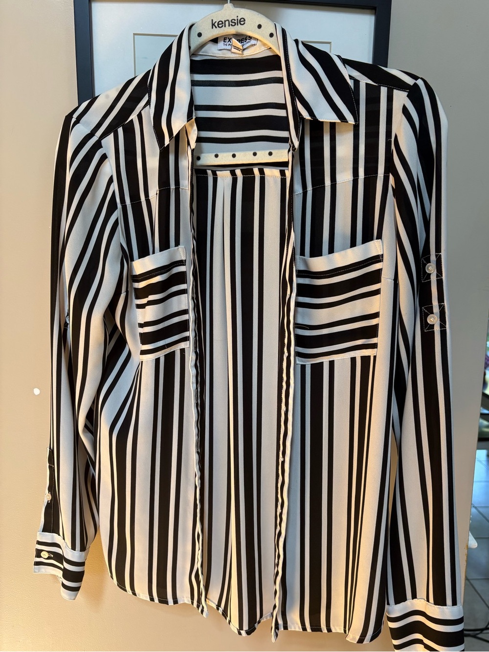 Express Black and White Vertical Stripe Button-Down Shirt
